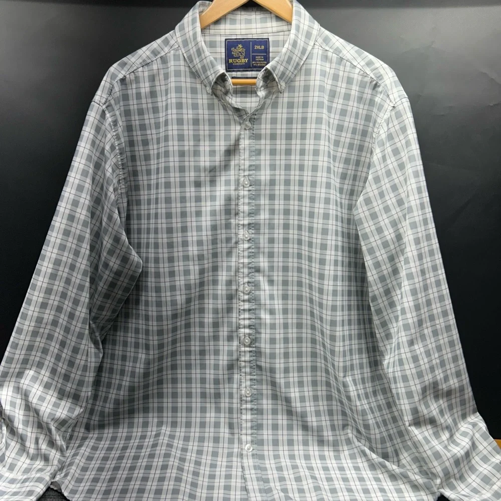 Rugby Men's‎ Gray Checkered Button Down Shirt-2XLarge-Big